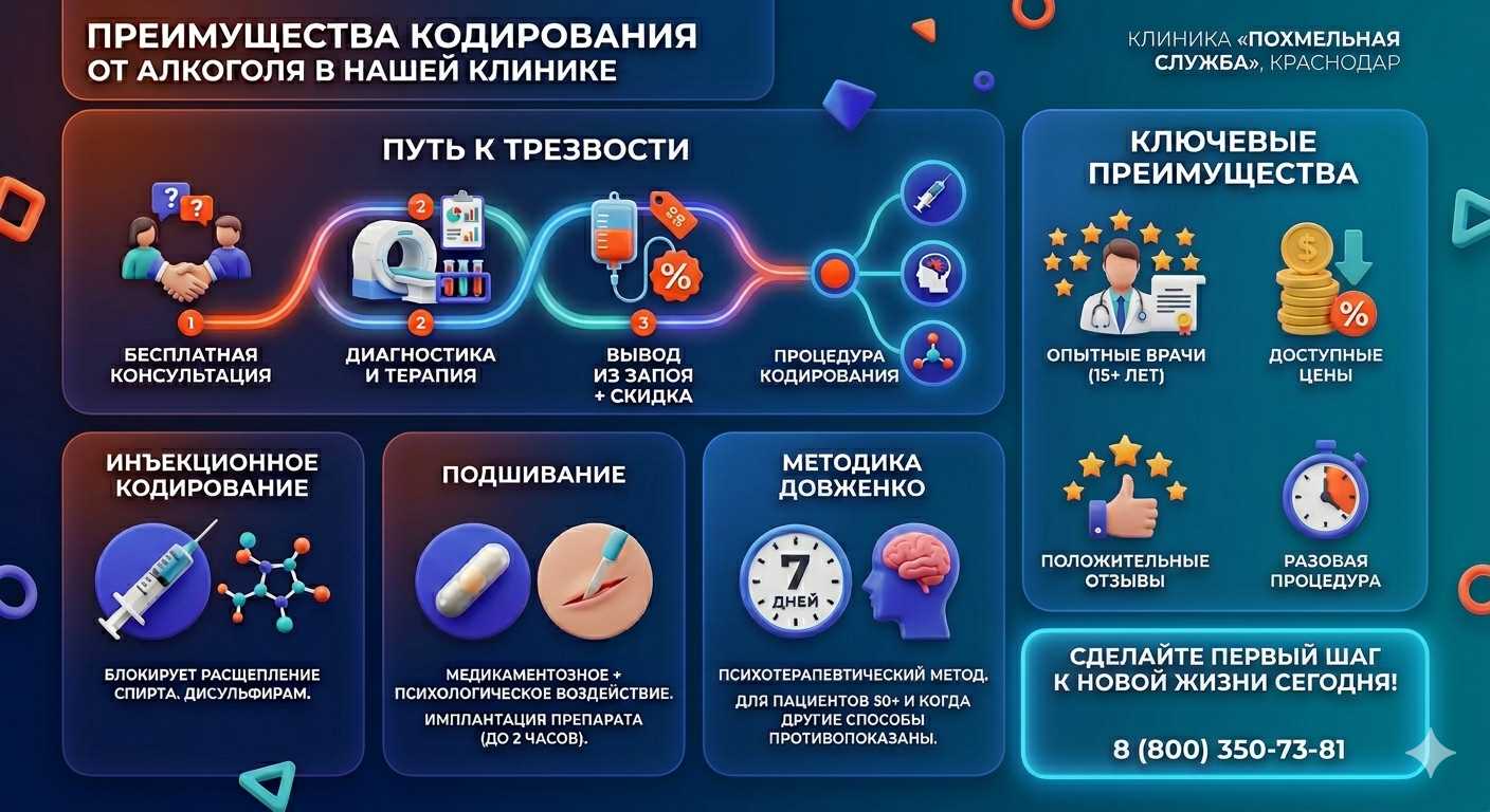 Инфографика о методах кодирования от алкоголя в Елизово: инъекции, подшивание, метод Довженко. Преимущества клиники и этапы лечения.