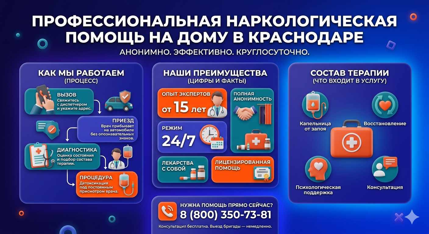 Инфографика о принципах лечения алкоголизма на дому в Елизово: этапы вызова нарколога, преимущества анонимной детоксикации и состав медицинской помощи.